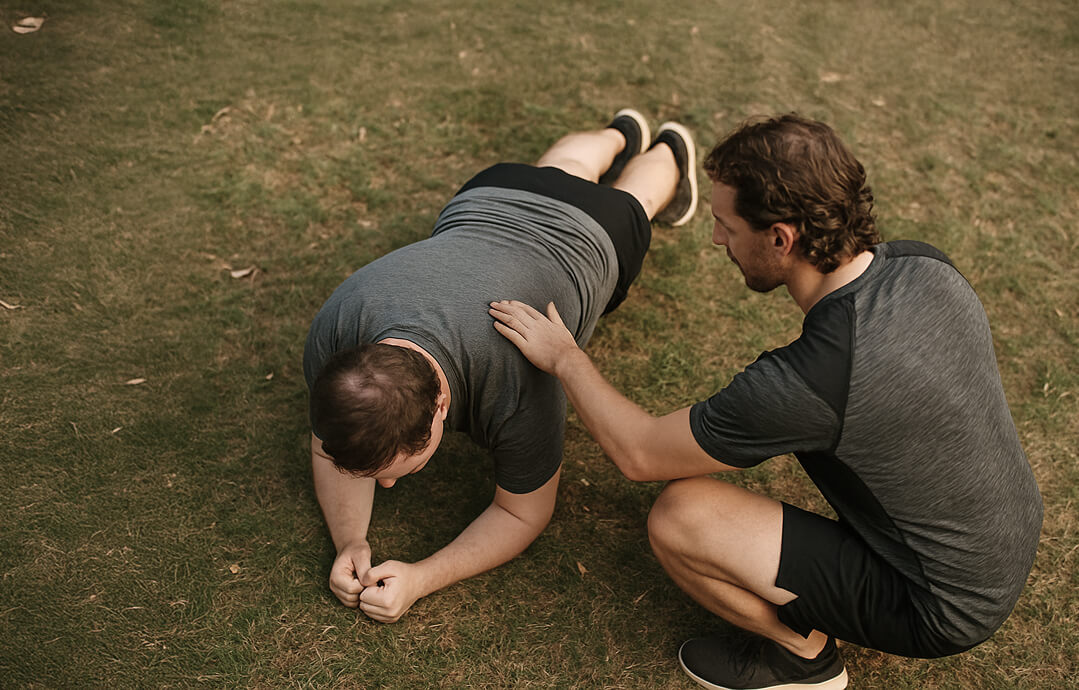 Personal trainer geeft uitleg aan client voor plank